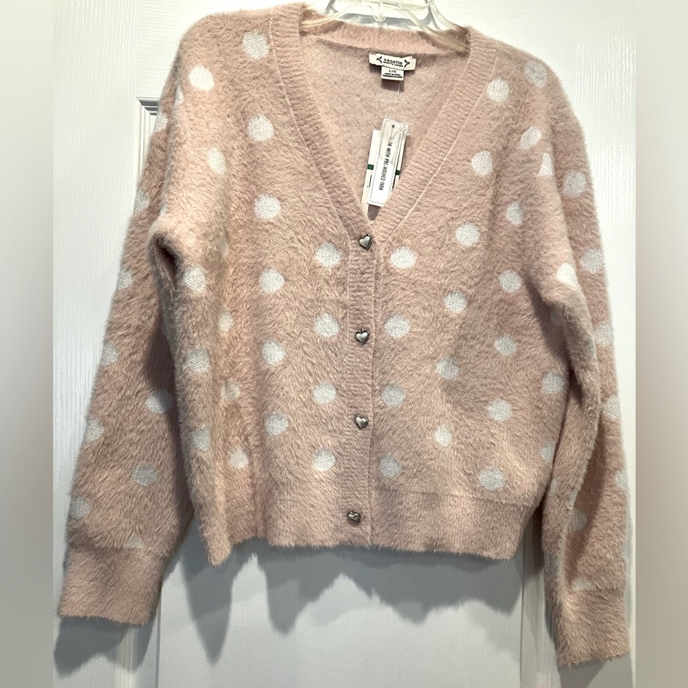 A New Day Pink Polka Dot Fuzzy V-Neck Cardigan